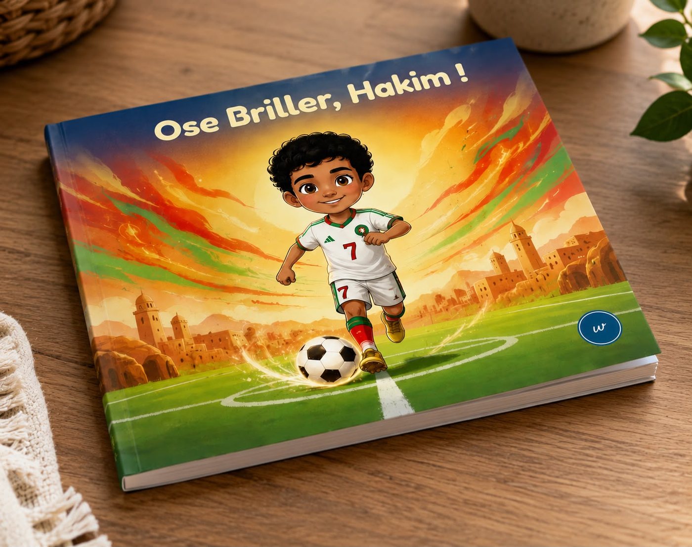 Livre imprimé posé sur une table en bois, couverture rigide
